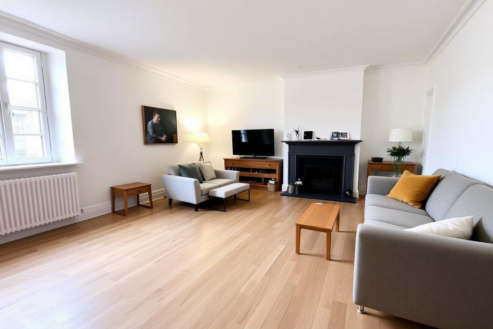 Salon après rénovation : murs plafonnés et parquet chêne