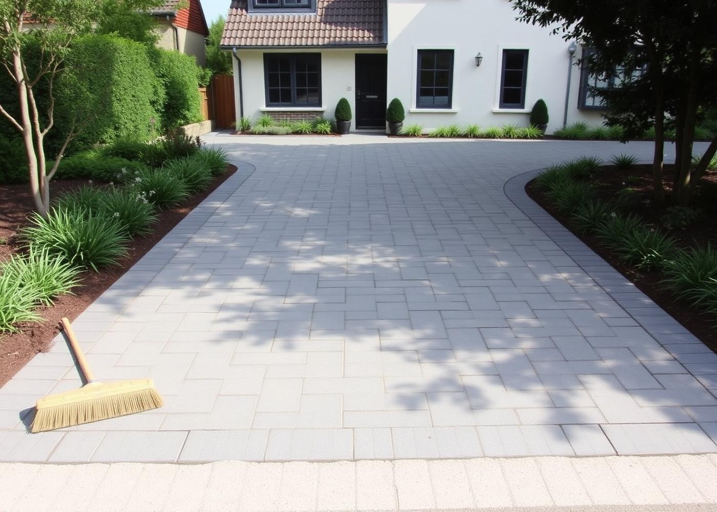 Allée en pavés béton gris devant une maison