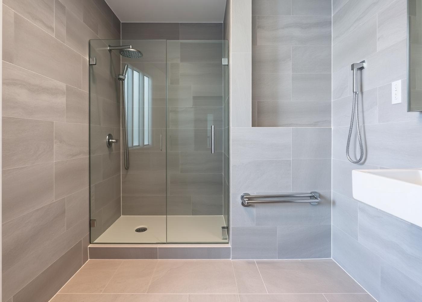 Salle de bain carrelée en grès cérame gris grand format