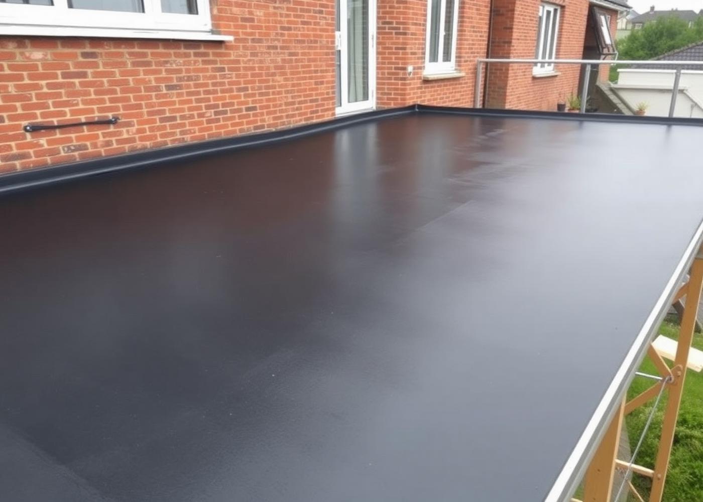 Plateforme de terrasse étanchéifiée avec une membrane EPDM noire et un profilé aluminium en rive